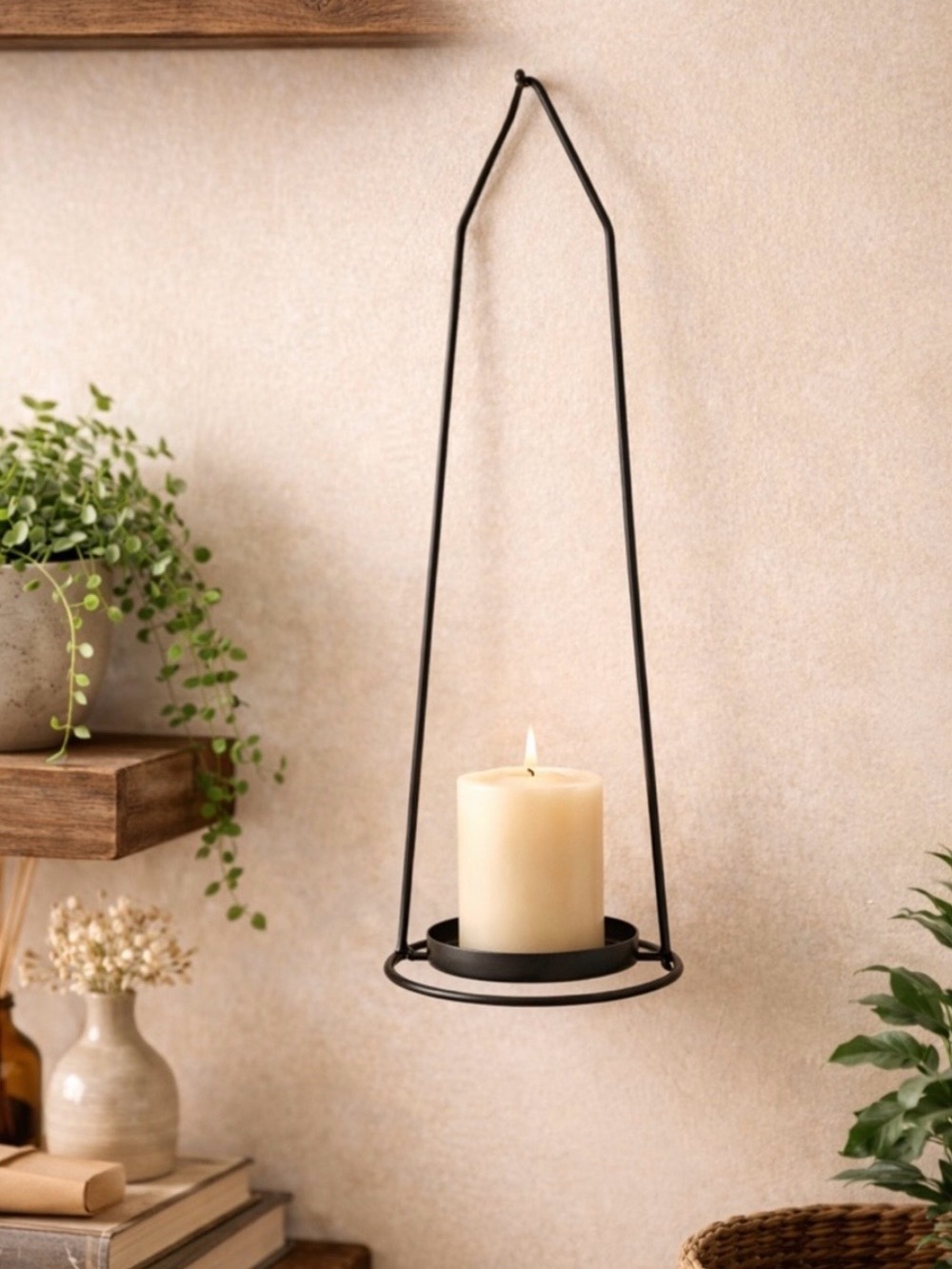 Modern Black Metal Hanging Lantern Candle Holder Japandi Minimalist Decor